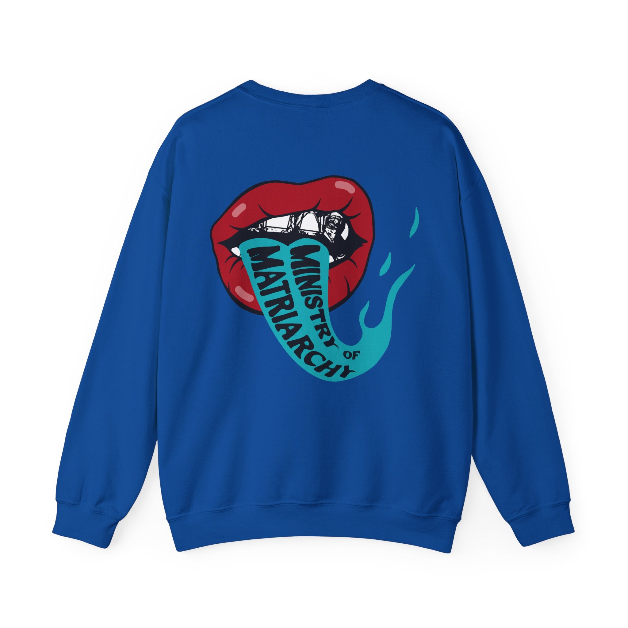Ministry of Matriarchy crewneck sweatshirt in Royal, back view with red lips and snake tongue print