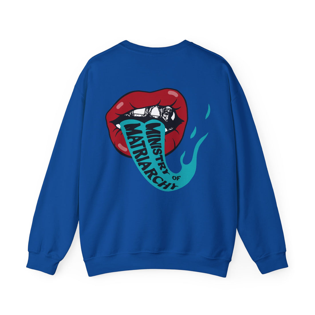 Ministry of Matriarchy crewneck sweatshirt in Royal, back view with red lips and snake tongue print