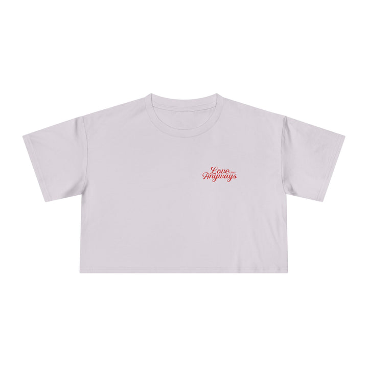 Love Me Anyways crop tee in Orchid, front view with small red script chest print