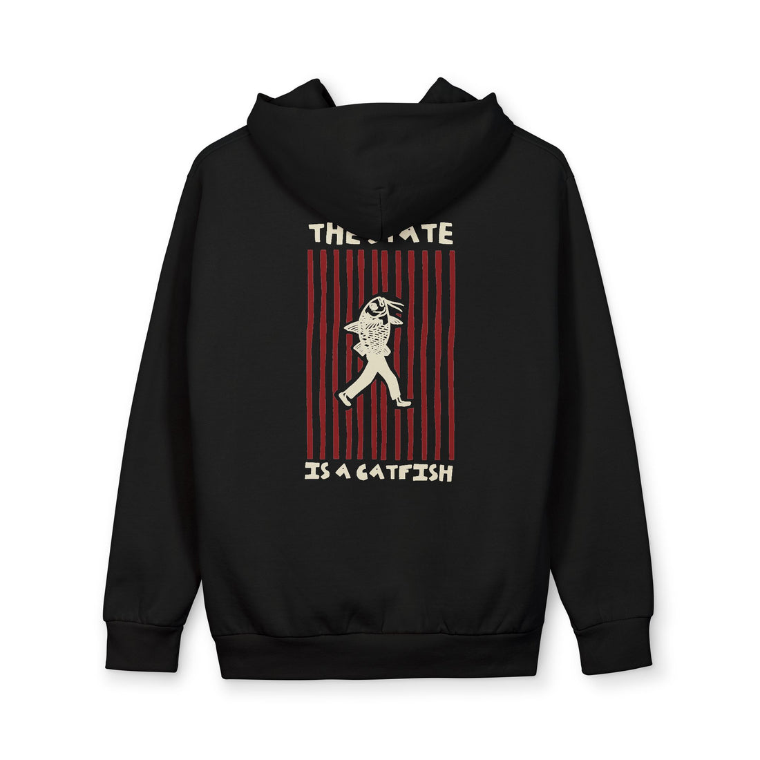 The State is a Catfish hoodie in Black, back view with The State Is a Catfish graphic