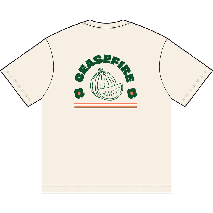 Ceasefire box tee in Vintage White, back view with Ceasefire watermelon print