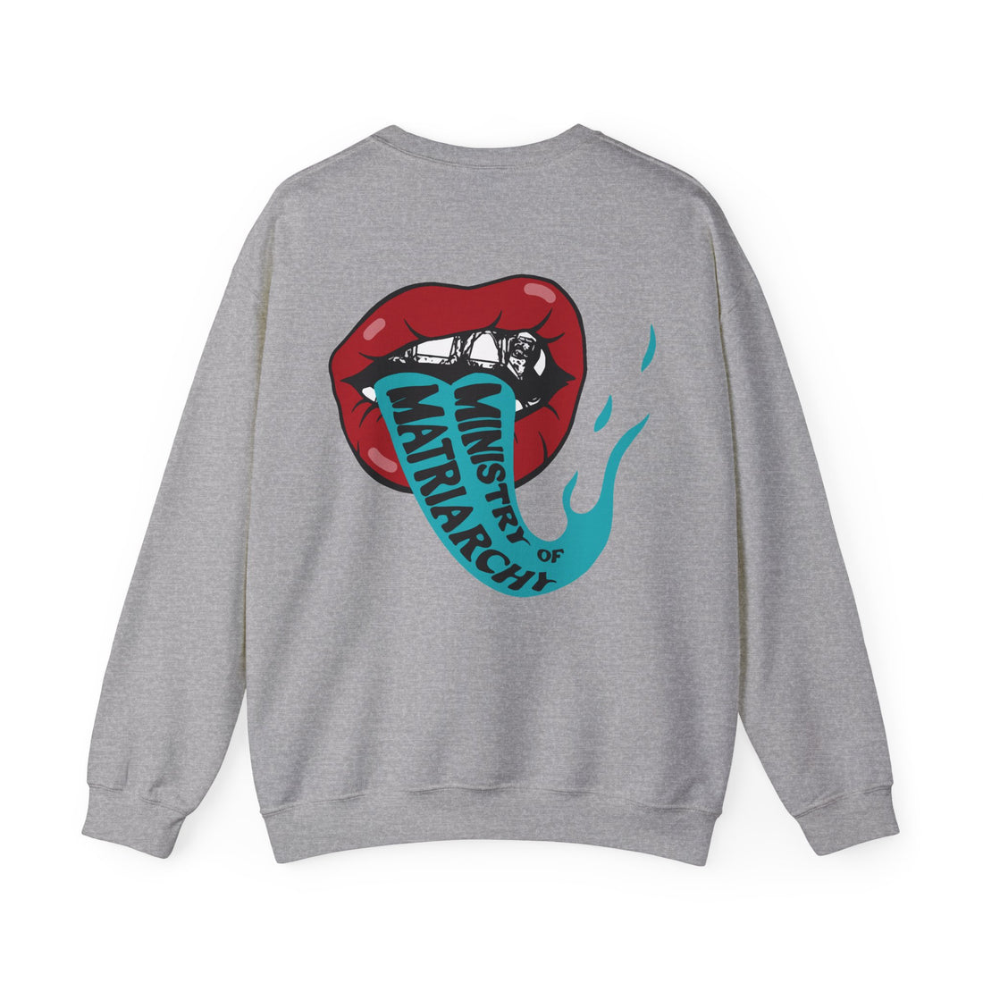 Ministry of Matriarchy crewneck sweatshirt in Sport Grey, back view with red lips and snake tongue print