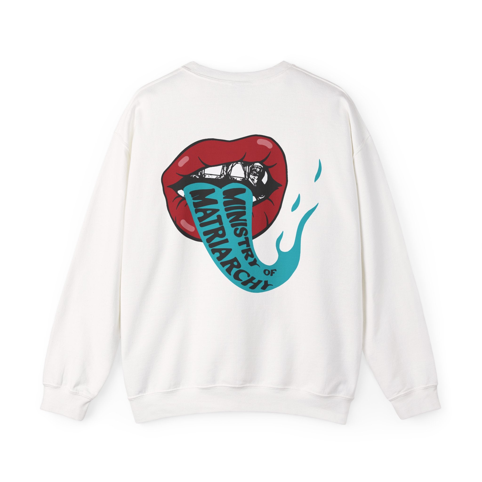 Ministry of Matriarchy crewneck sweatshirt in White, back view with red lips and snake tongue print
