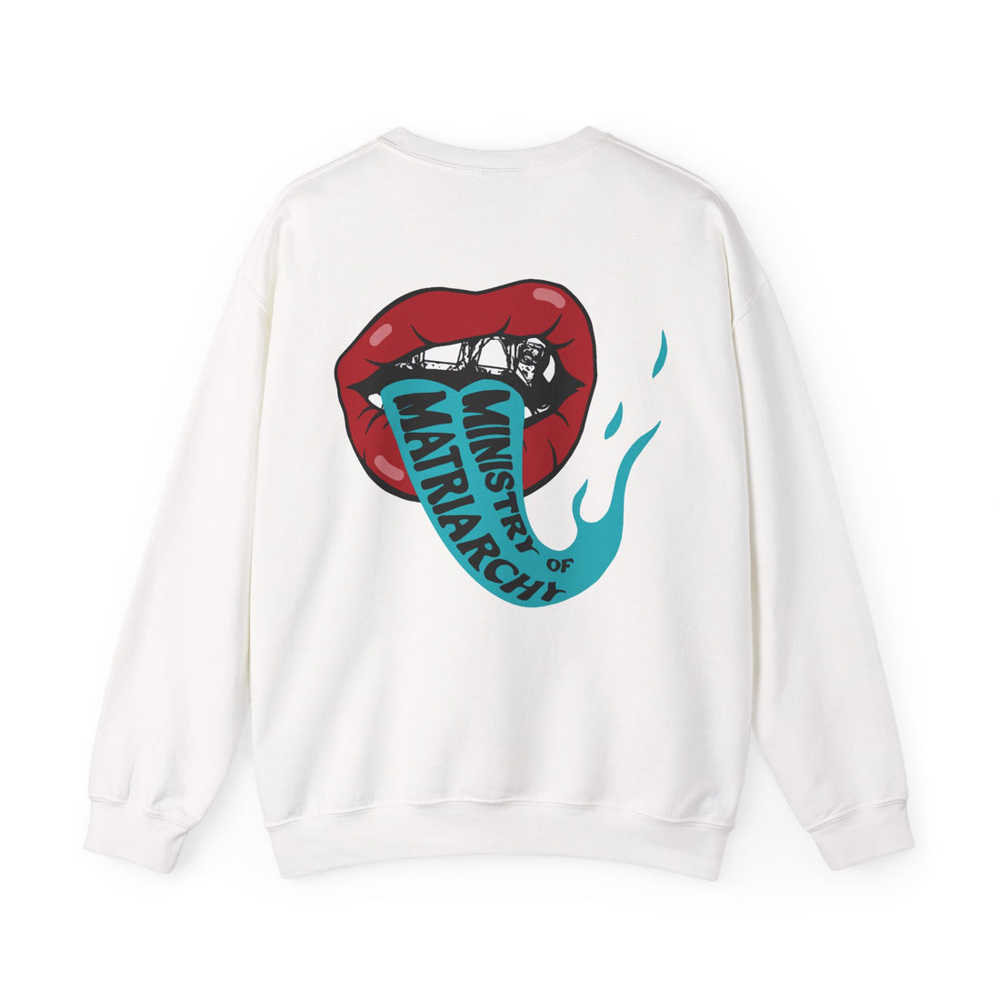 Ministry of Matriarchy crewneck sweatshirt in White, back view with red lips and snake tongue print