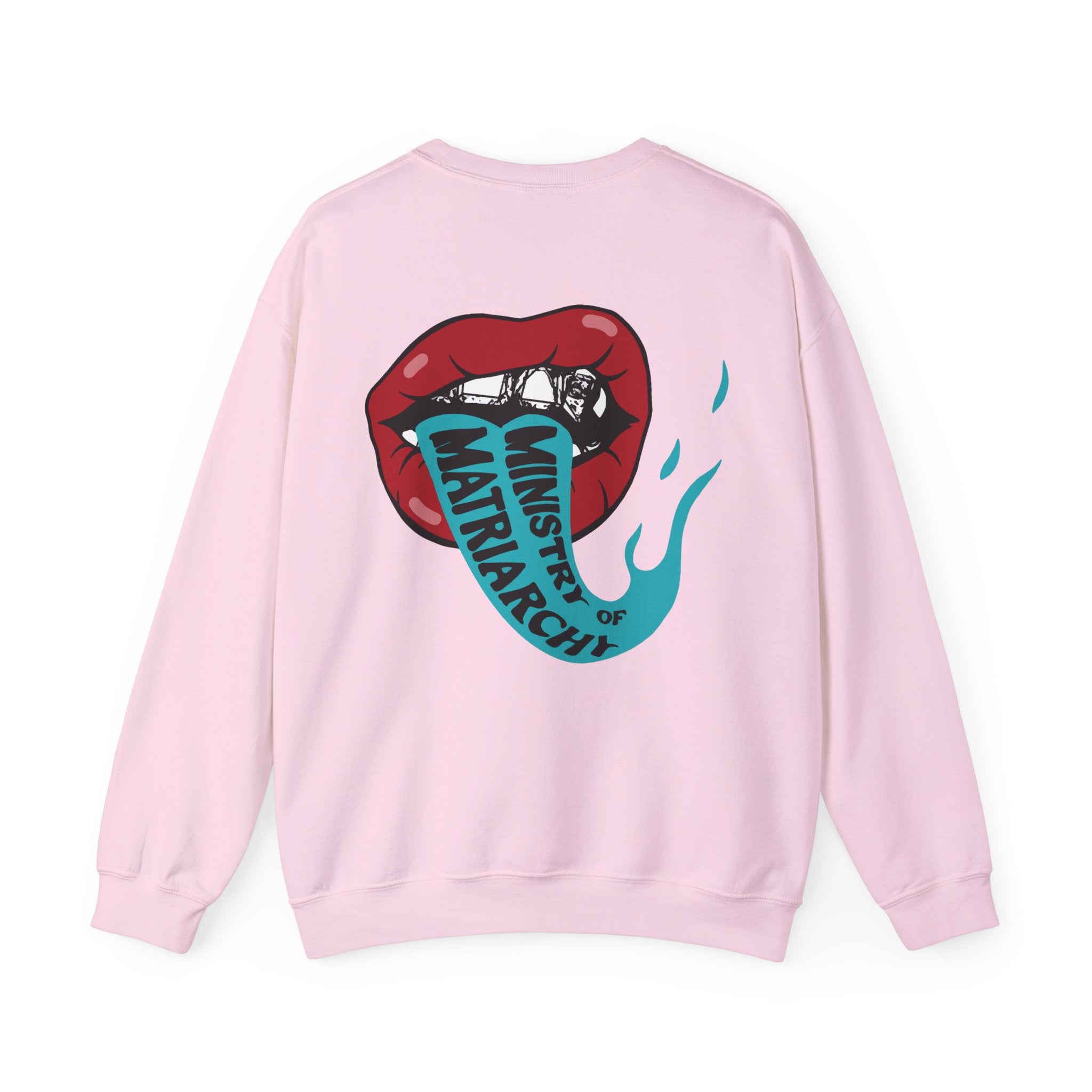 Ministry of Matriarchy crewneck sweatshirt in Light Pink, back view with red lips and snake tongue print