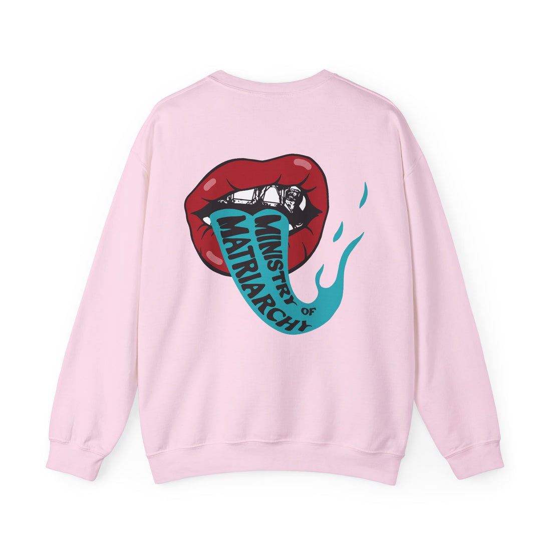 Ministry of Matriarchy crewneck sweatshirt in Light Pink, back view with red lips and snake tongue print