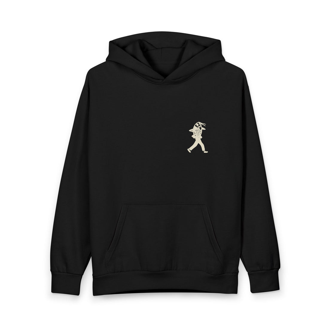 The State is a Catfish hoodie in Black, front view with small figure chest print