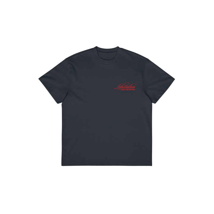 More Liberation, Less Vacation box tee in Navy Blazer, front view with red script chest print
