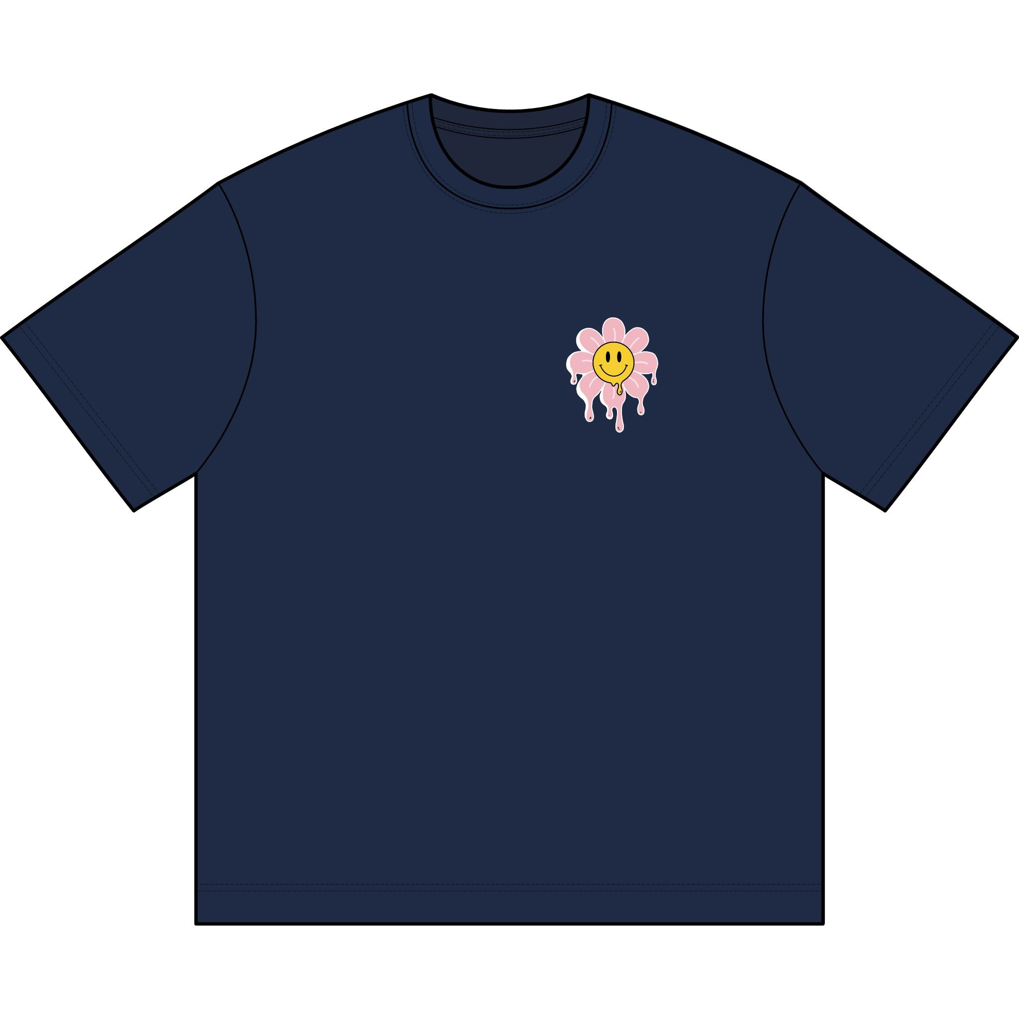 Slime the State box tee in Navy Blazer, front view with small smiley flower chest print