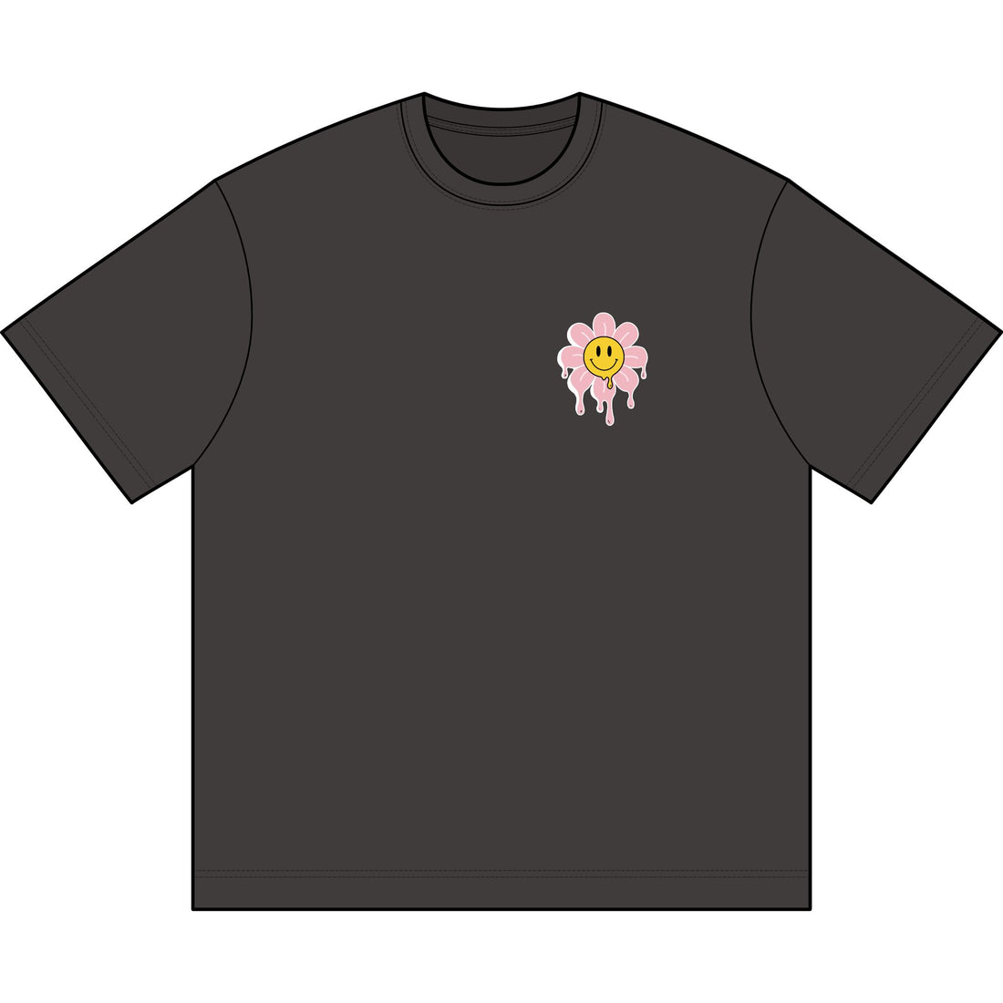 Slime the State box tee in Vintage Black, front view with small smiley flower chest print