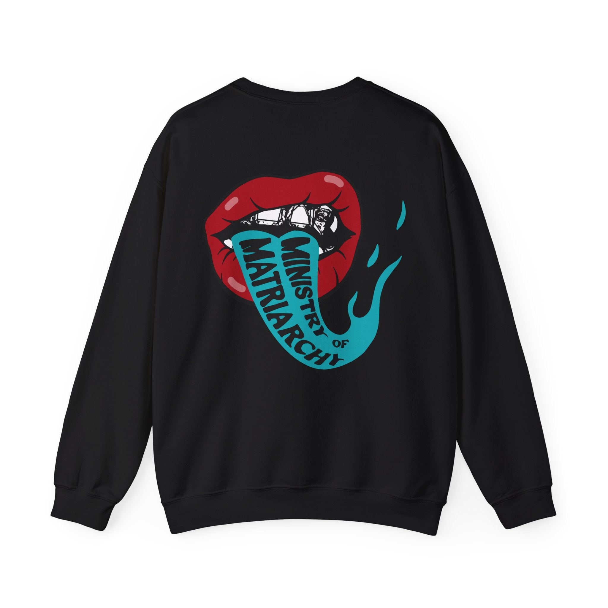 Ministry of Matriarchy crewneck sweatshirt in Black, back view with red lips and snake tongue print