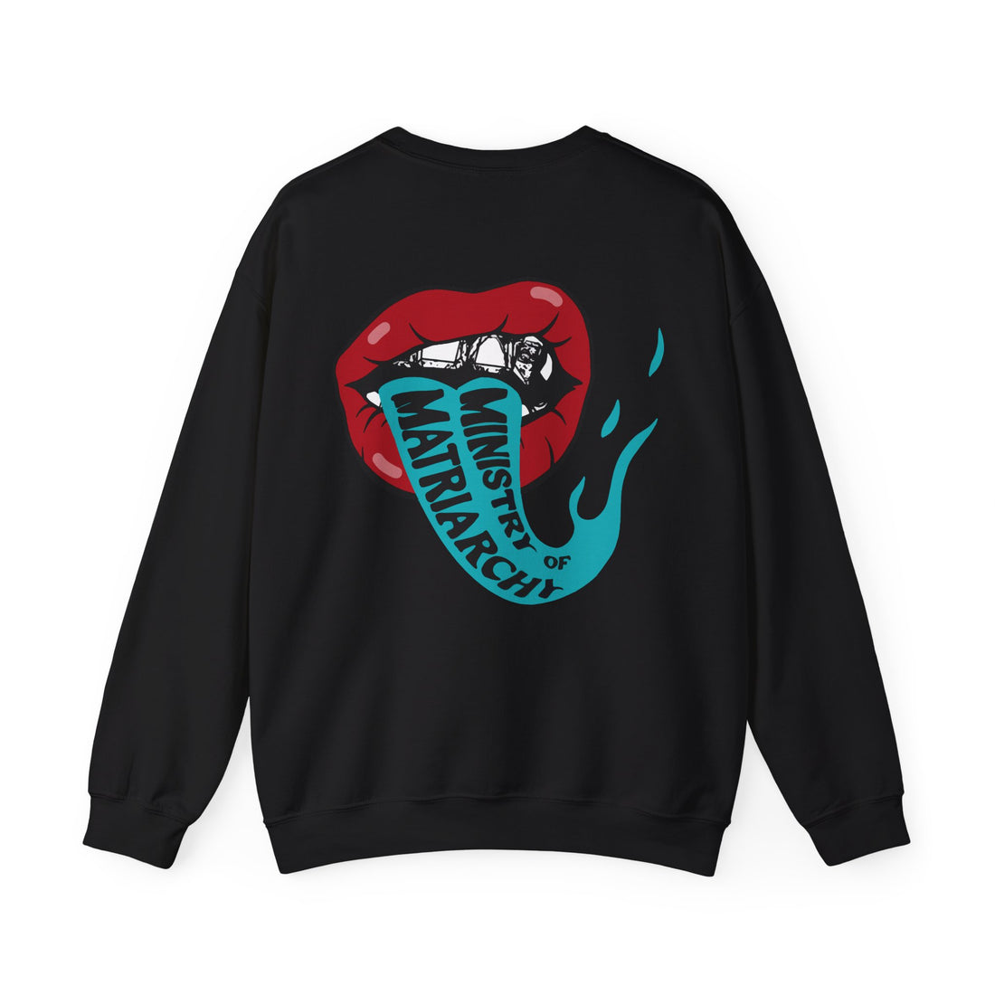 Ministry of Matriarchy crewneck sweatshirt in Black, back view with red lips and snake tongue print