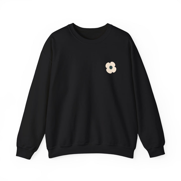 Ceasefire crewneck sweatshirt in Black, front view with small flower chest print