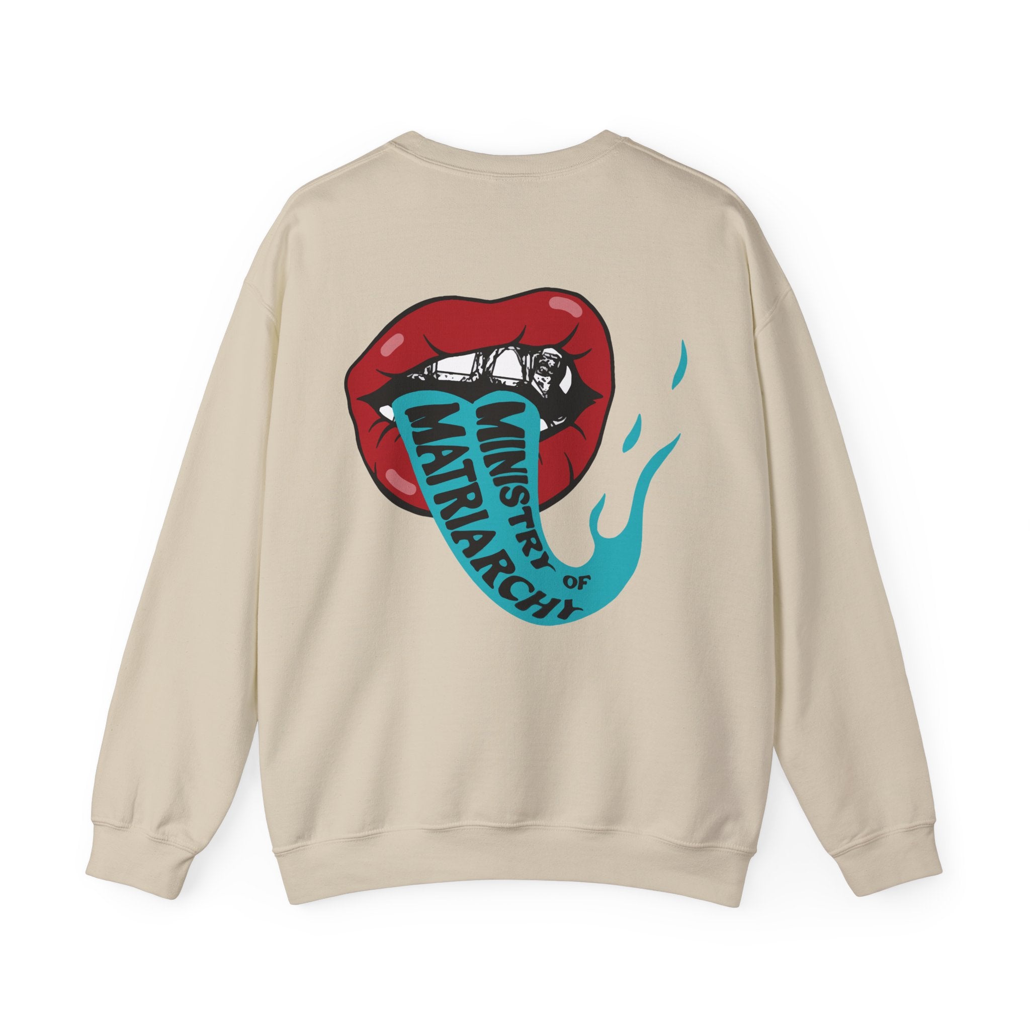 Ministry of Matriarchy crewneck sweatshirt in Sand, back view with red lips and snake tongue print