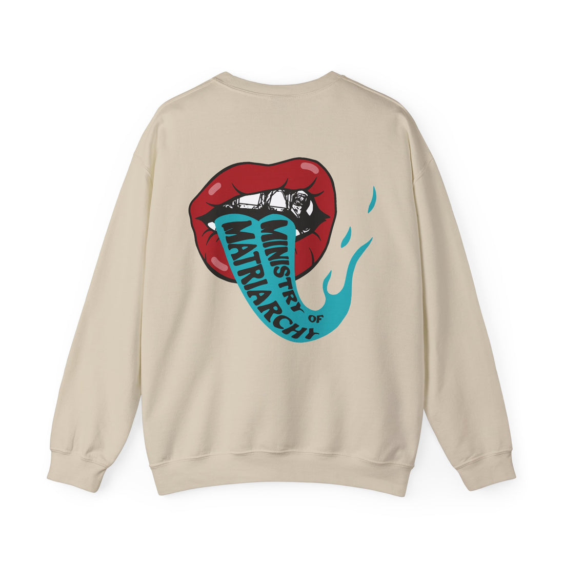 Ministry of Matriarchy crewneck sweatshirt in Sand, back view with red lips and snake tongue print