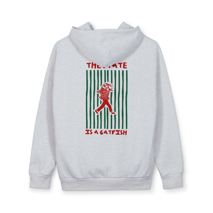 The State is a Catfish hoodie in Heather Grey, back view with The State Is a Catfish graphic