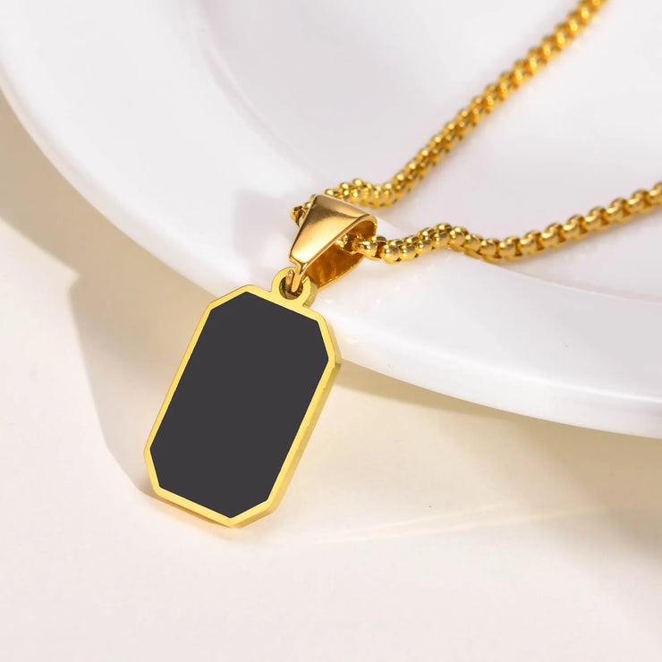 Black Enamel Rectangle Pendant with Rope Chain - Self Sovereignty